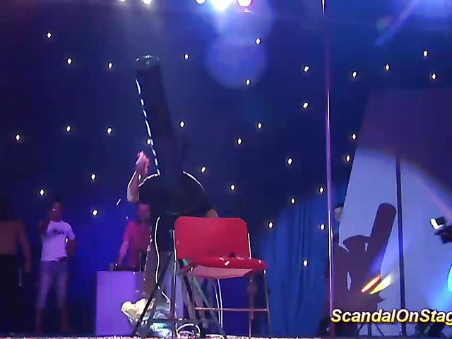 Blonde with perfect tits rides a dude on stage