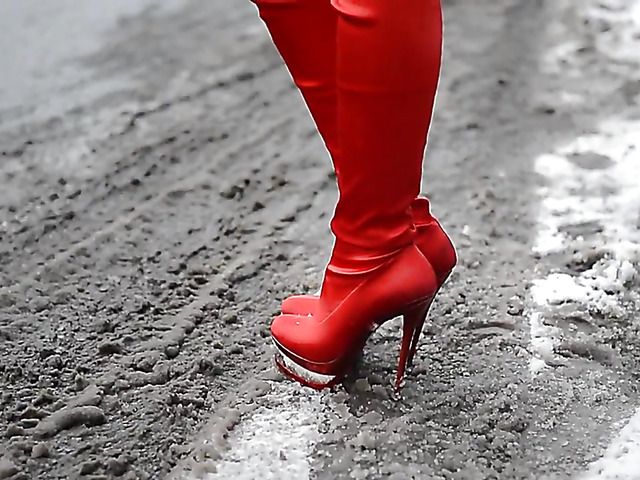 Hottie in red boots and extremely short black skirt in public