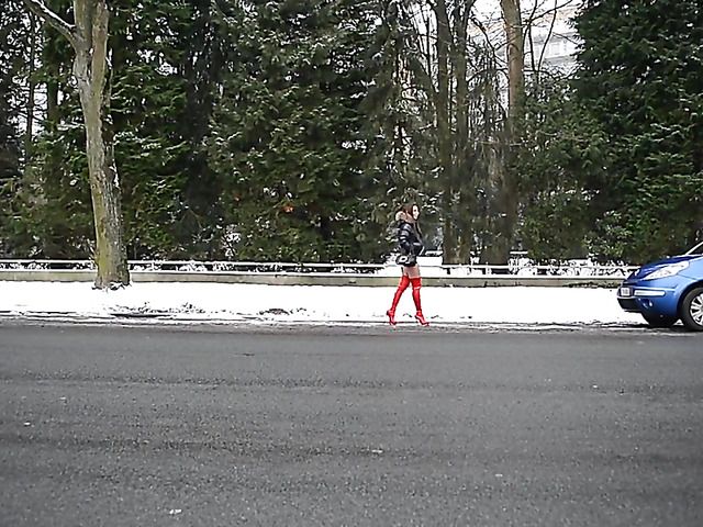 Hottie in red boots and extremely short black skirt in public