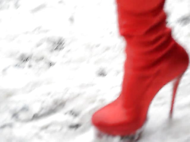 Hottie in red boots and extremely short black skirt in public