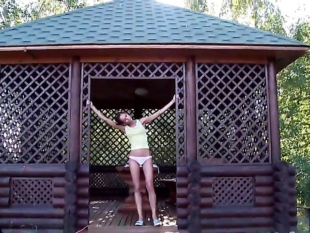 Outdoor fun with shaved teen in panties