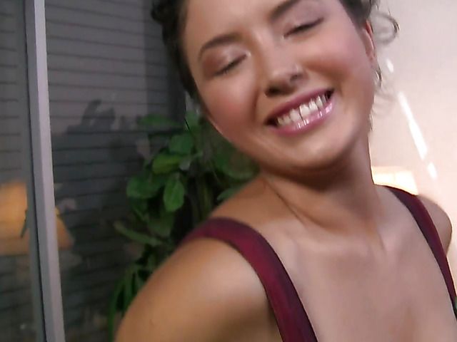 Beautiful girl with hot tits stripping and giving a handjob