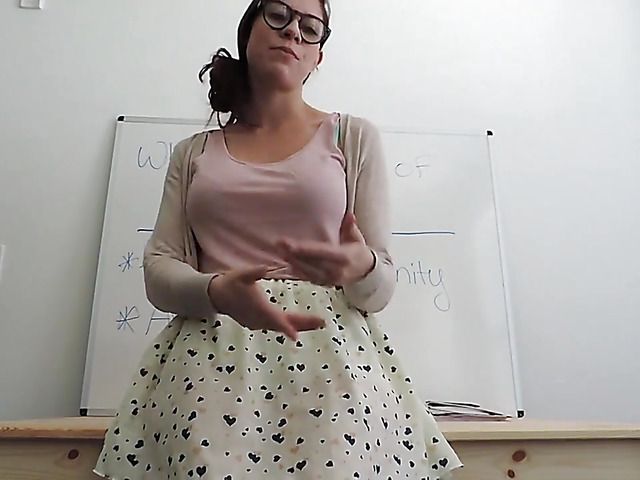 Busty teacher with round ass gets naked and rides a dildo