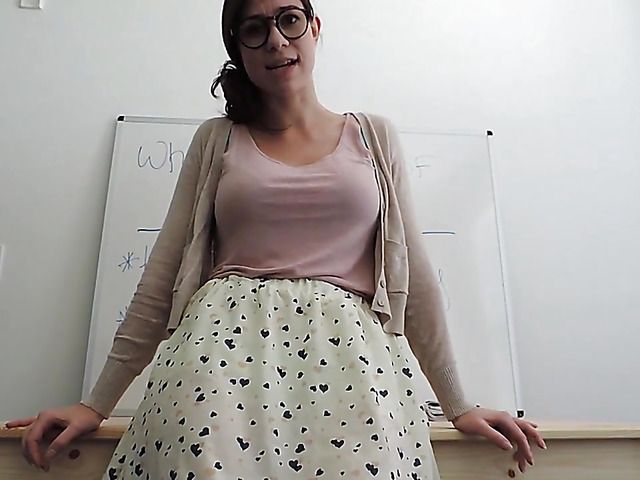 Busty teacher with round ass gets naked and rides a dildo