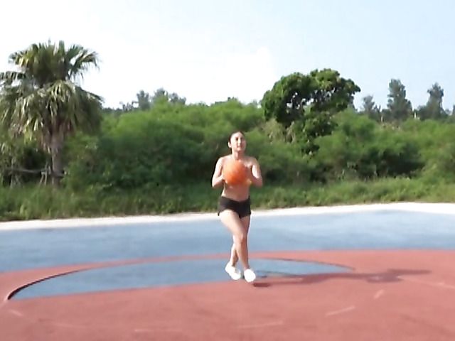 Asian big tits model Irie Saaya plays basketball in bikini