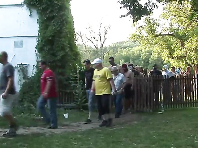 Outdoor cumshot orgy with 4 girls and dozens of horny guys