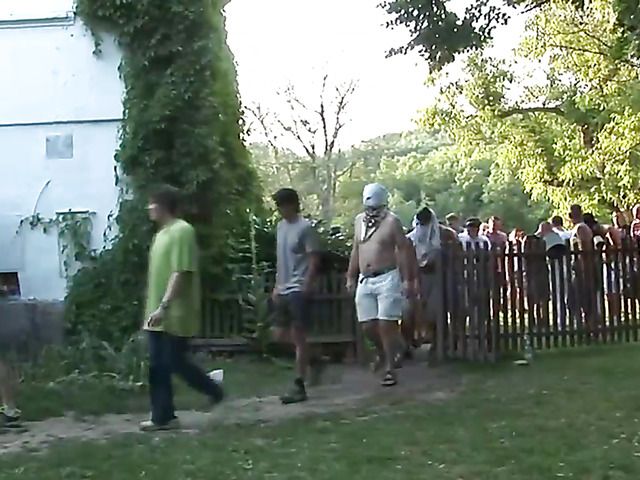 Outdoor cumshot orgy with 4 girls and dozens of horny guys