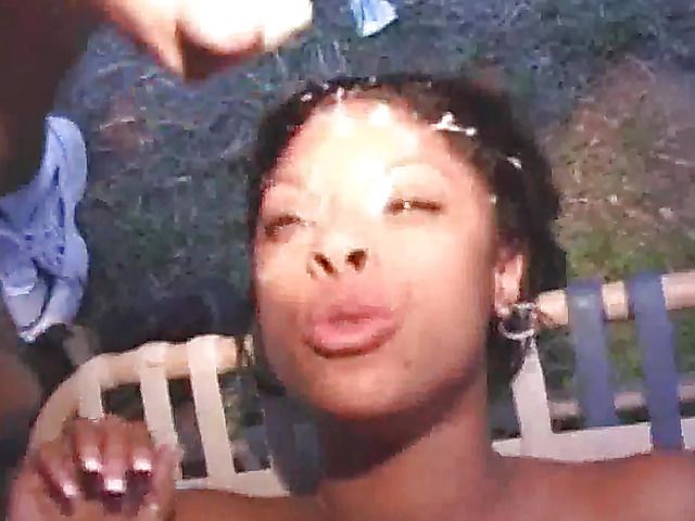 Ebony girl bukkake fun in the backyard