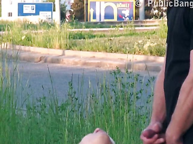 Public threesome in the street with a skinny blonde