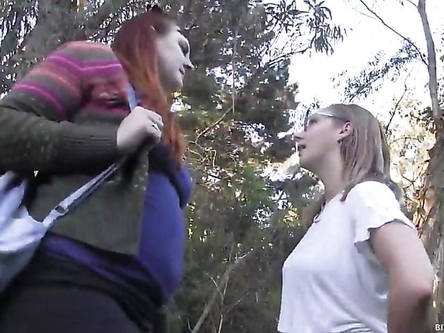 Hairy snatch for a chubby lesbian in the woods
