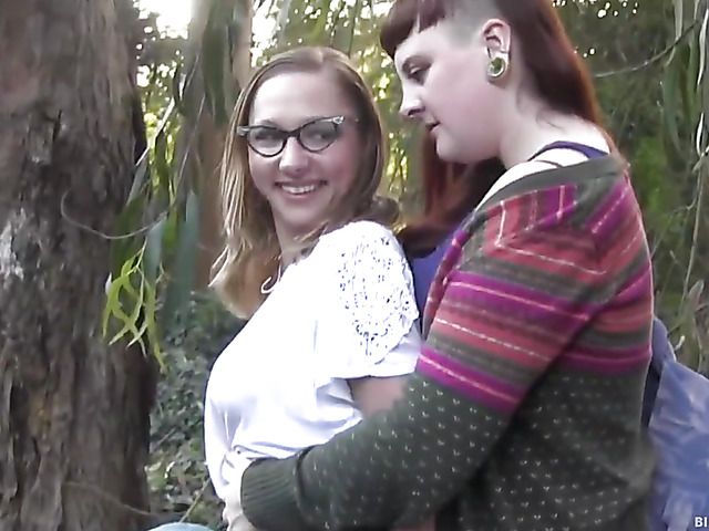 Hairy snatch for a chubby lesbian in the woods