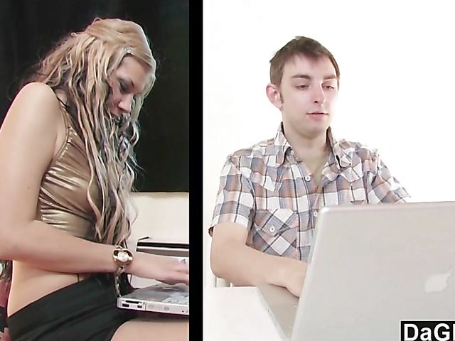 Slutty blonde girl has sex with a shy guy