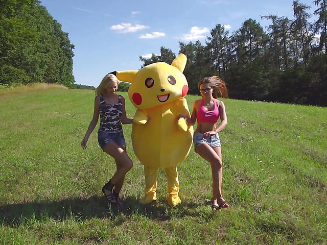 Two sweet girls and Pikachu in outdoor threesome