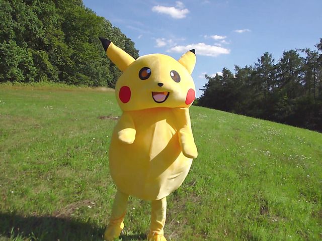 Two sweet girls and Pikachu in outdoor threesome