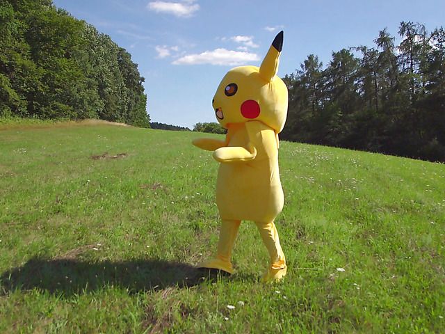 Two sweet girls and Pikachu in outdoor threesome