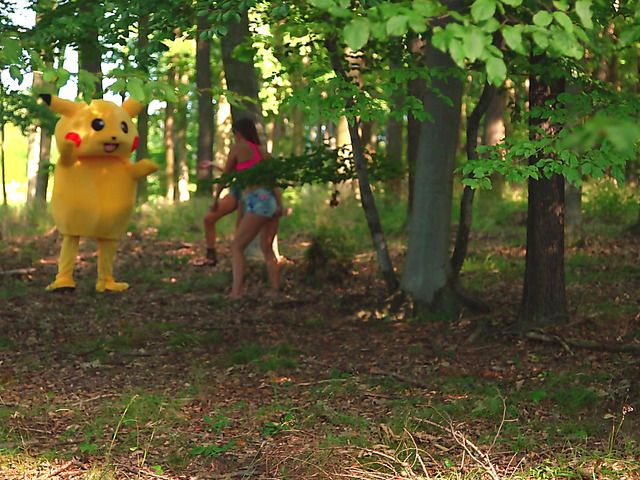Two sweet girls and Pikachu in outdoor threesome