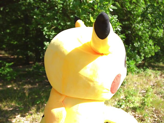 Two sweet girls and Pikachu in outdoor threesome