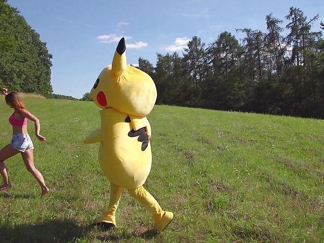 Two sweet girls and Pikachu in outdoor threesome