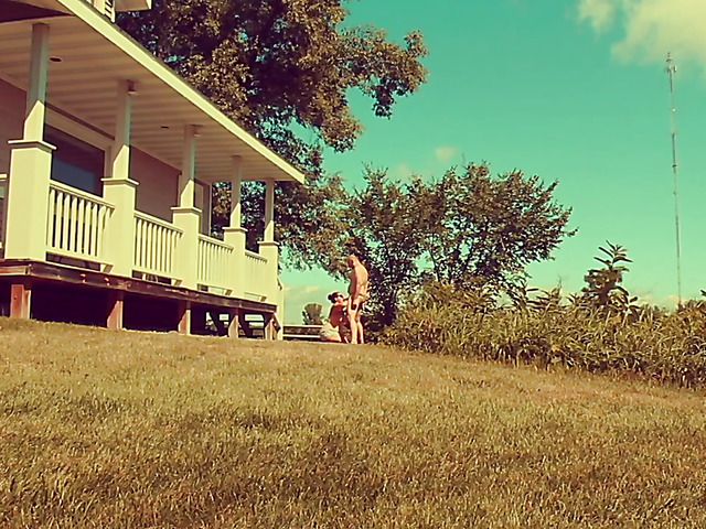 Fat wife in sunglasses gives head in the open air