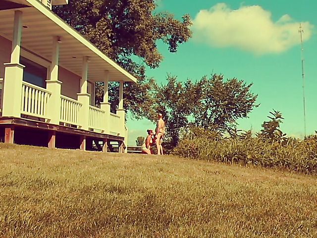 Fat wife in sunglasses gives head in the open air