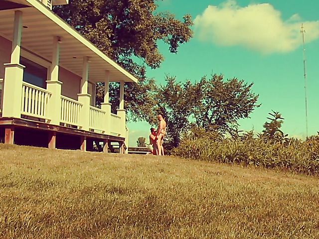 Fat wife in sunglasses gives head in the open air