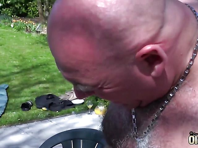 Old and young gangbang in the outdoors