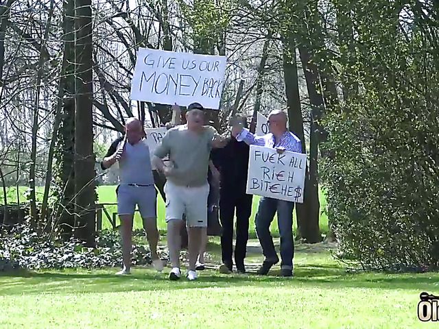 Old and young gangbang in the outdoors