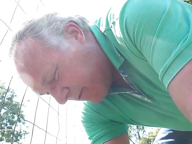 Old man and teen have a wild sex in the garden