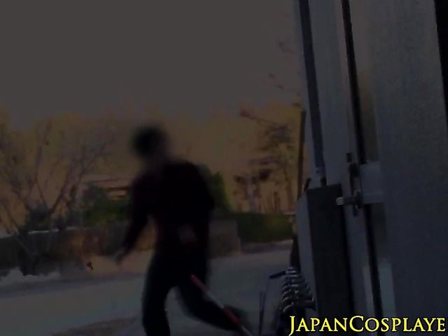 Busty Asian beauty gives a BJ in the street and gets nailed