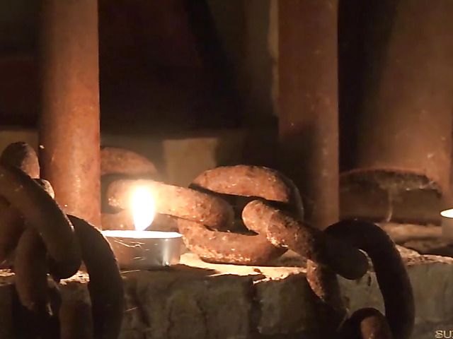 Young slave gets her cunt toyed and swallows cum