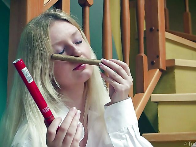 Blonde morning masturbation with a cigar