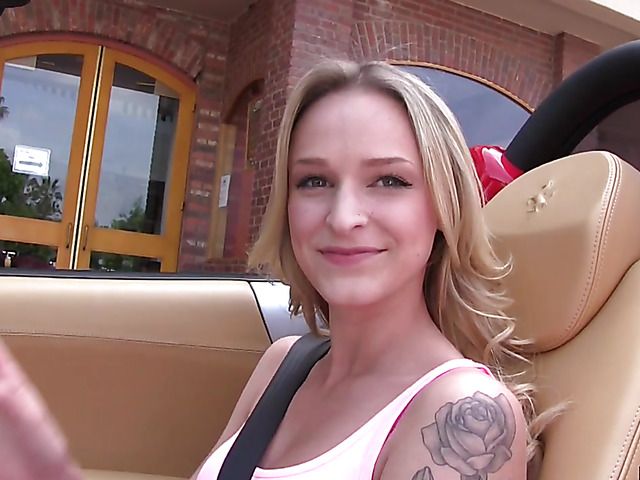 Blond teen Eryn Andrew jumps in a car looking for a good fuck