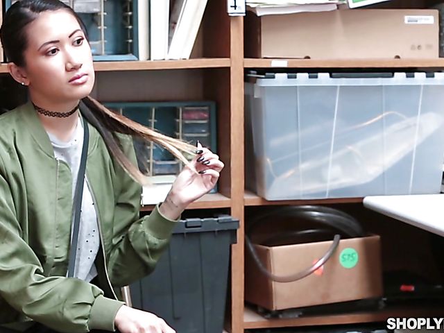Skinny asian shoplifter Jade Noir gets impaled on cock