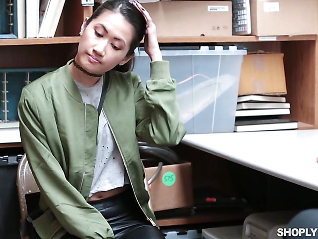 Skinny asian shoplifter Jade Noir gets impaled on cock