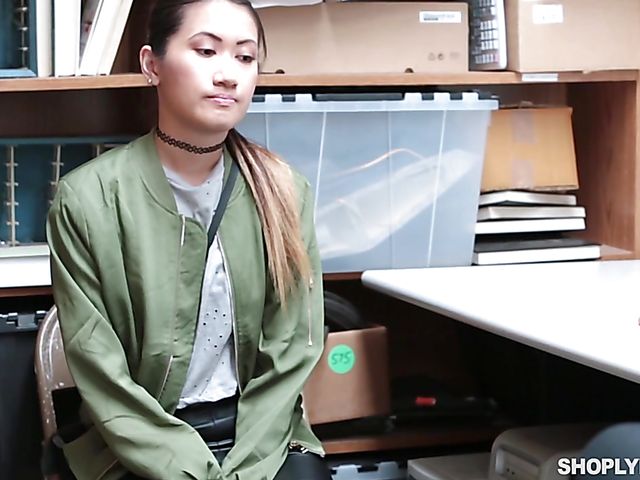 Skinny asian shoplifter Jade Noir gets impaled on cock