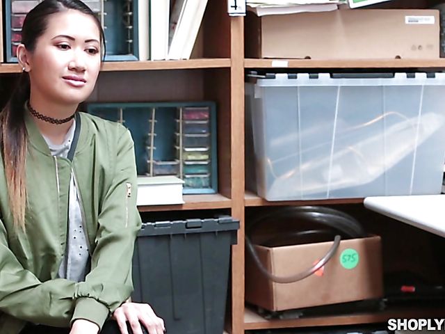 Skinny asian shoplifter Jade Noir gets impaled on cock