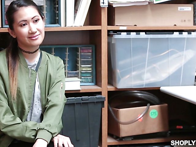 Skinny asian shoplifter Jade Noir gets impaled on cock