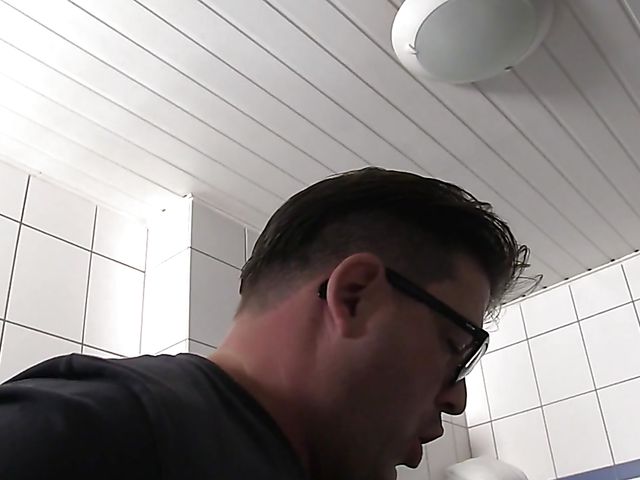 Blonde slut Sandra B fucks a nerd in the bathroom