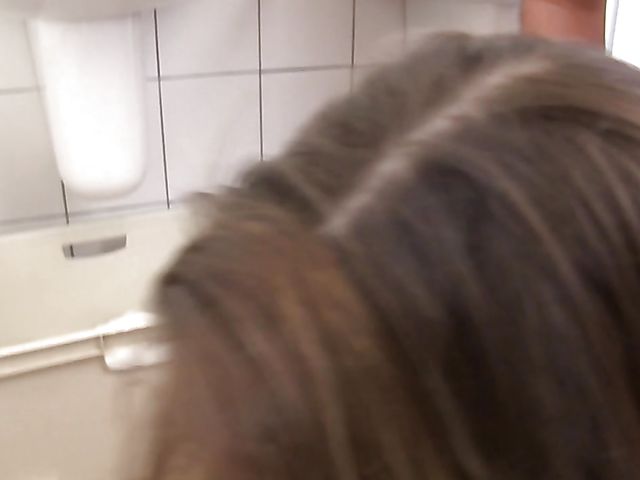 Blonde slut Sandra B fucks a nerd in the bathroom