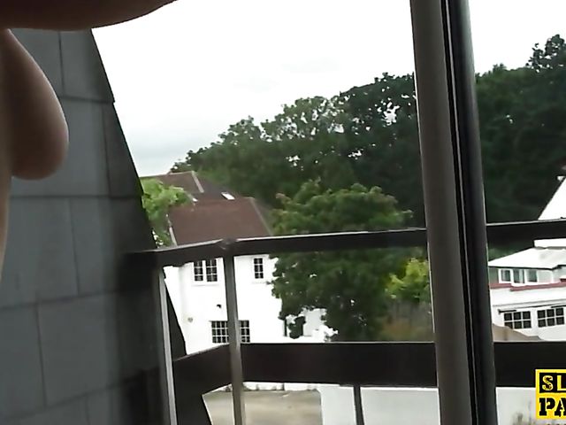 Huge tits whore gets railed against the window