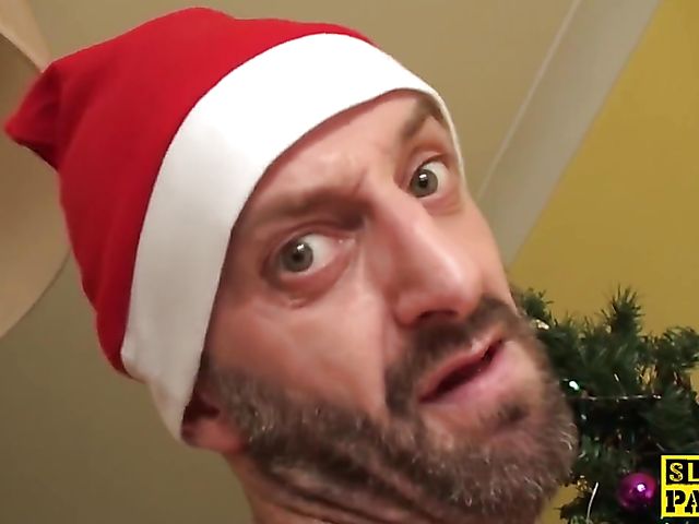 BBW slut makes Santa ejaculate and swallows cum