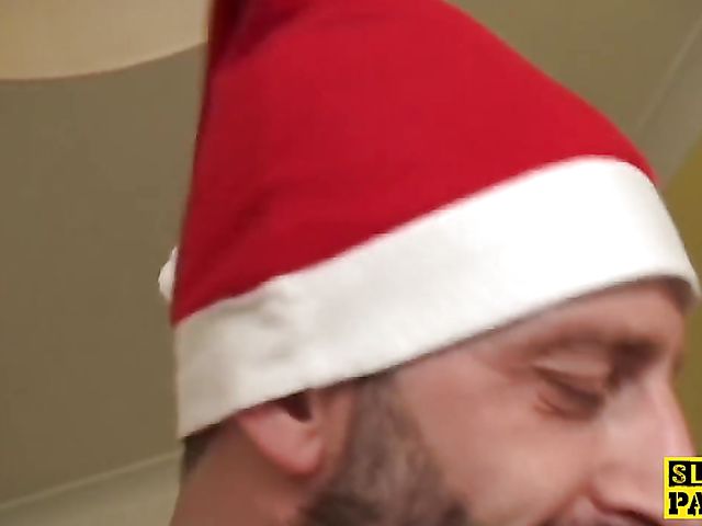 BBW slut makes Santa ejaculate and swallows cum