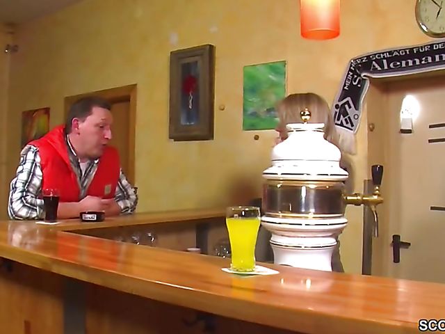 Mature lady helps old man cum at the bar