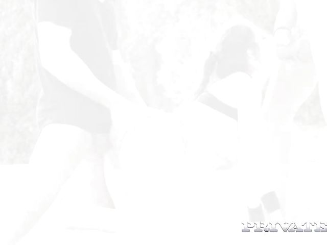 Rebecca Volpetti sucking two cocks and getting fucked outside