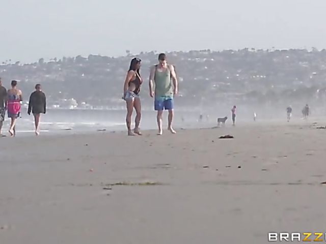Public sex on the beach with big titted Romi Rain