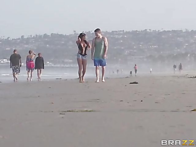 Public sex on the beach with big titted Romi Rain