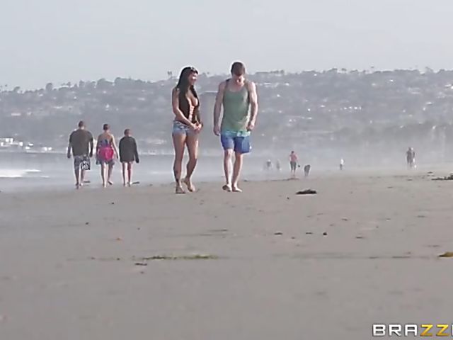 Public sex on the beach with big titted Romi Rain