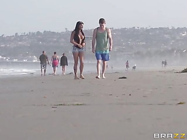 Public sex on the beach with big titted Romi Rain