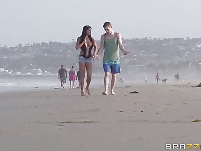 Public sex on the beach with big titted Romi Rain