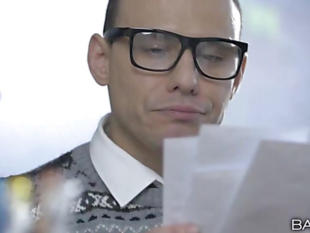 Big tit secretary Candy Alexa has sex with a nerd